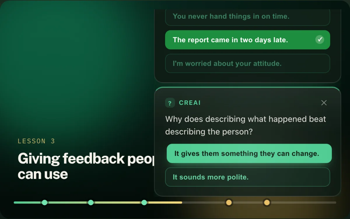 The same card after a right answer, opening a deeper follow-up question.