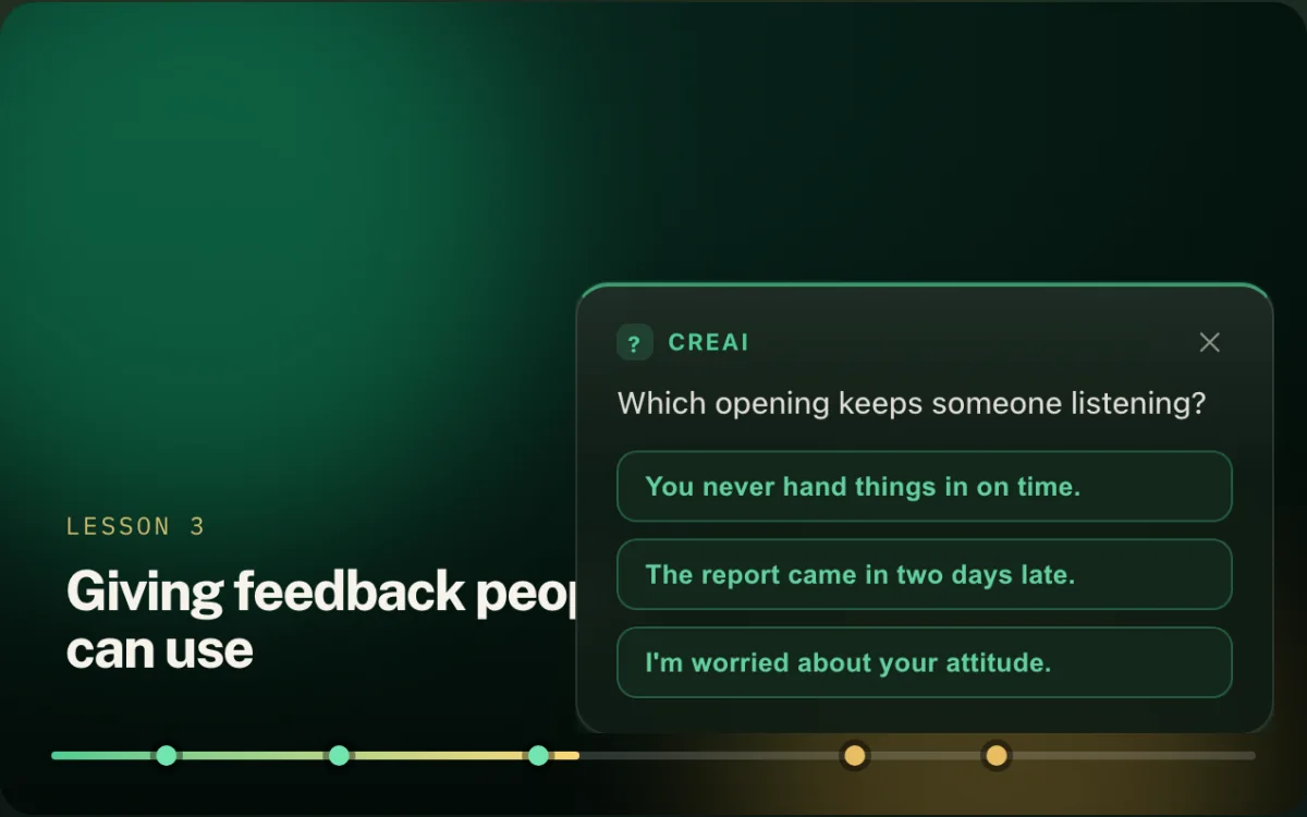 A Creai question card over a video, with three answer options.