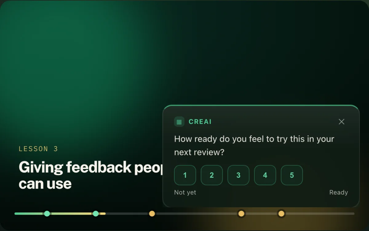 A Creai rating card over a video, asking for a score from one to five.