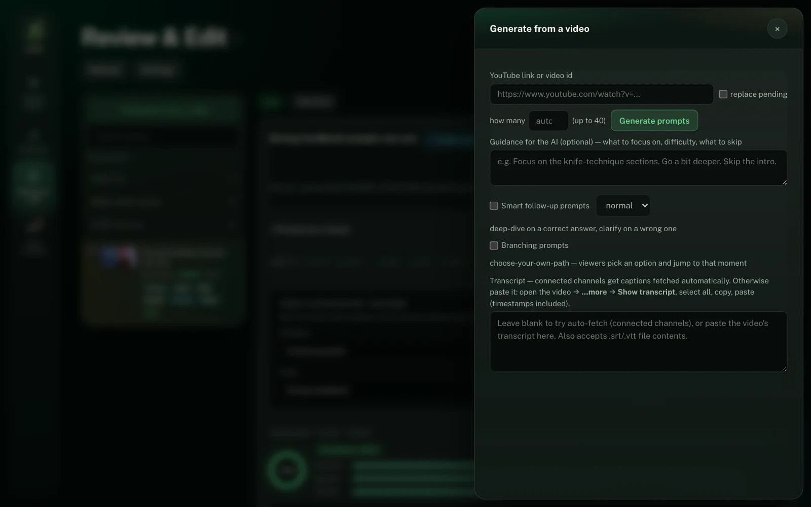 Snapshot of the generate panel: choosing a video, guidance, how many prompts, and follow-up level.