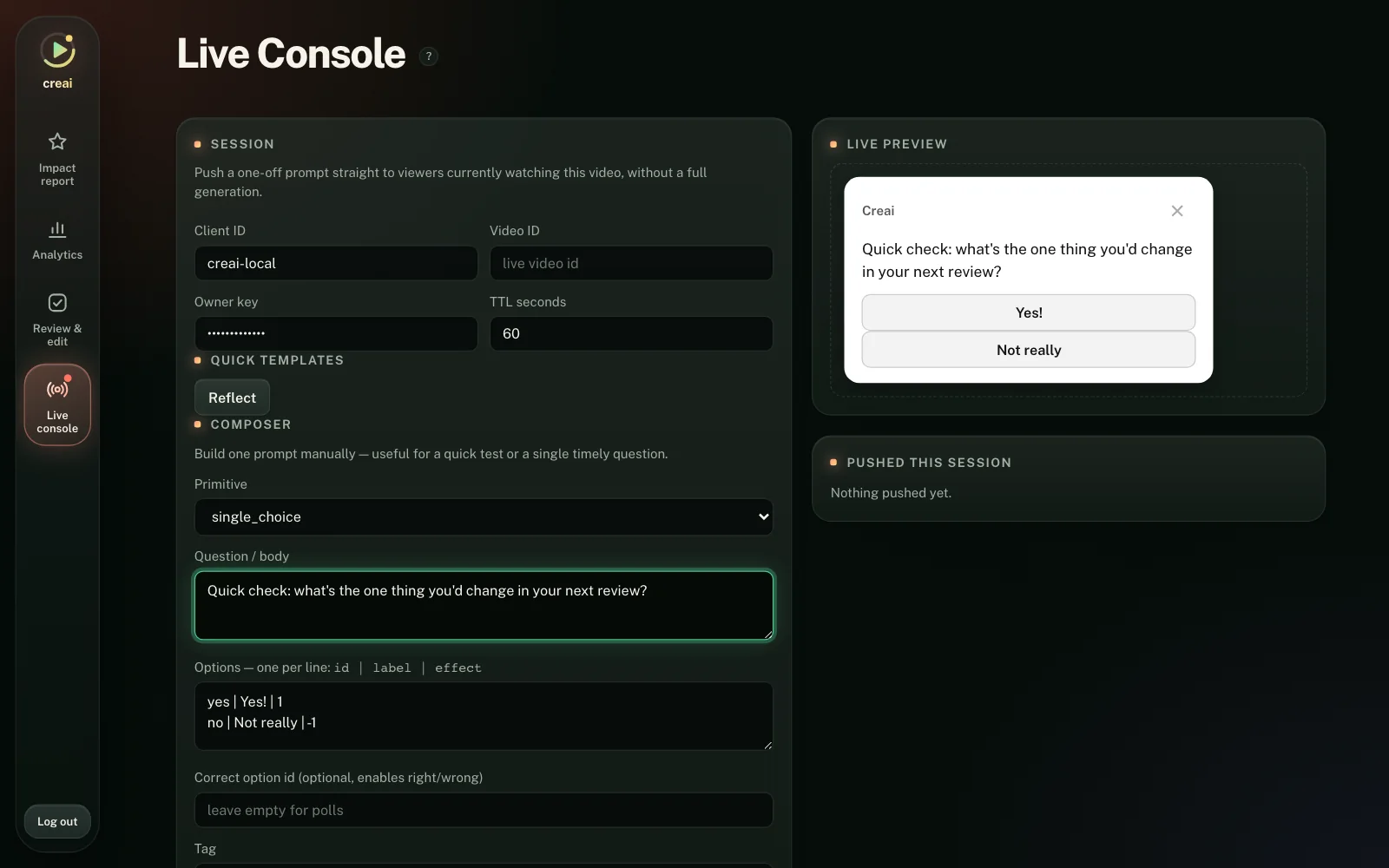 Snapshot of the live console composing a question, with a preview of the card viewers will see.